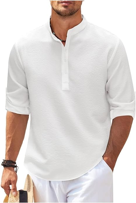 Men's Casual Shirt - Relaxed Fit - Band Collar - 3/4 Sleeves - Cotton