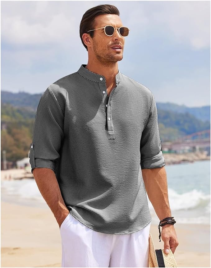 Men's Casual Shirt - Relaxed Fit - Band Collar - 3/4 Sleeves - Cotton