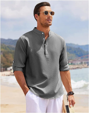 Men's Casual Shirt - Relaxed Fit - Band Collar - 3/4 Sleeves - Cotton