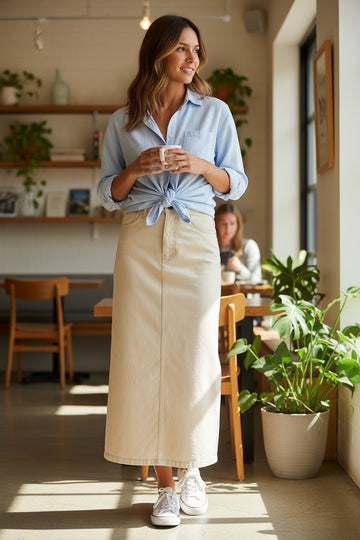 Women's Midi Skirt - Denim Cotton - Slim Fit - High Waist - Split Front
