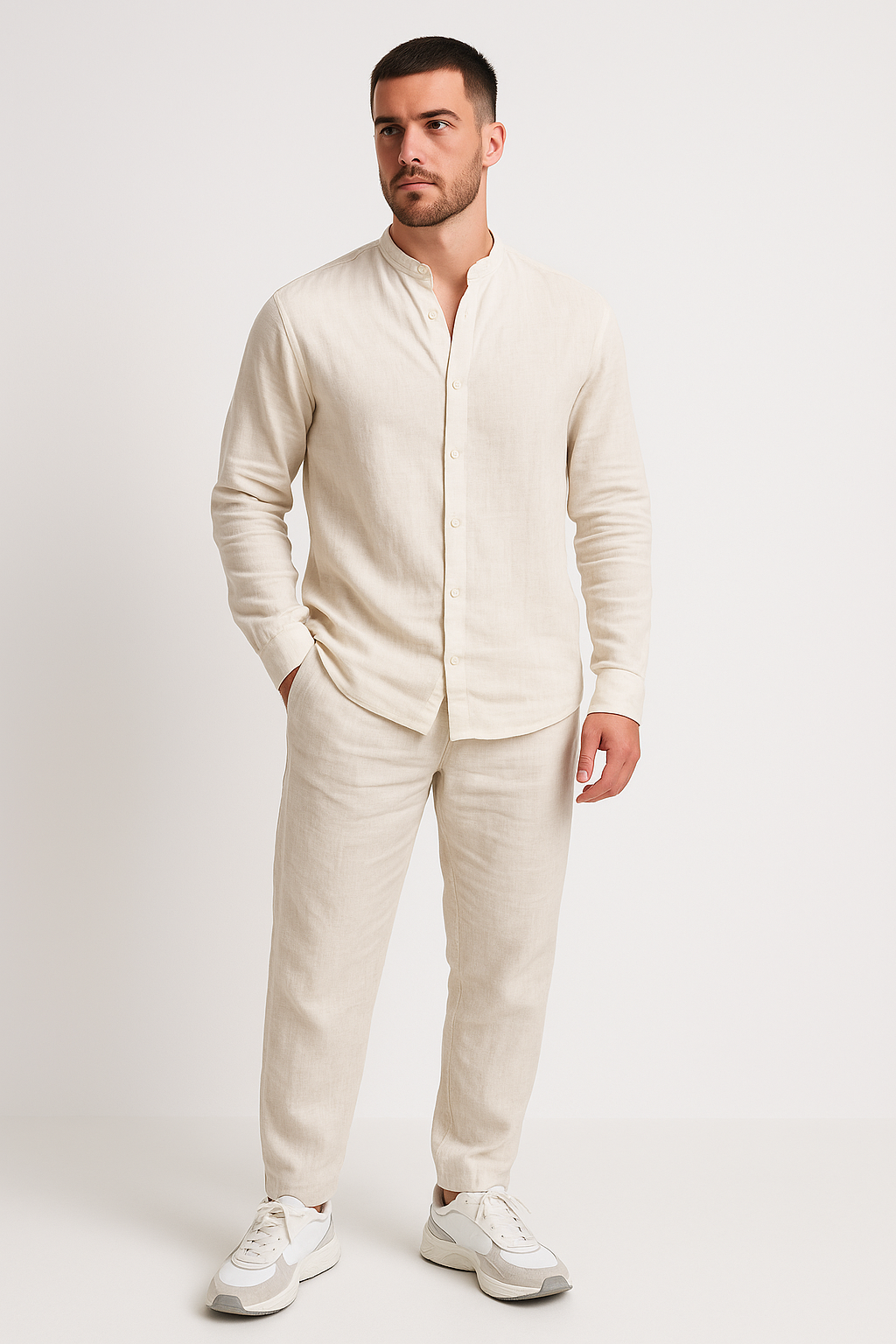 Men's Linen Set - Relaxed Fit - Long Sleeve Shirt - Straight Leg Pants