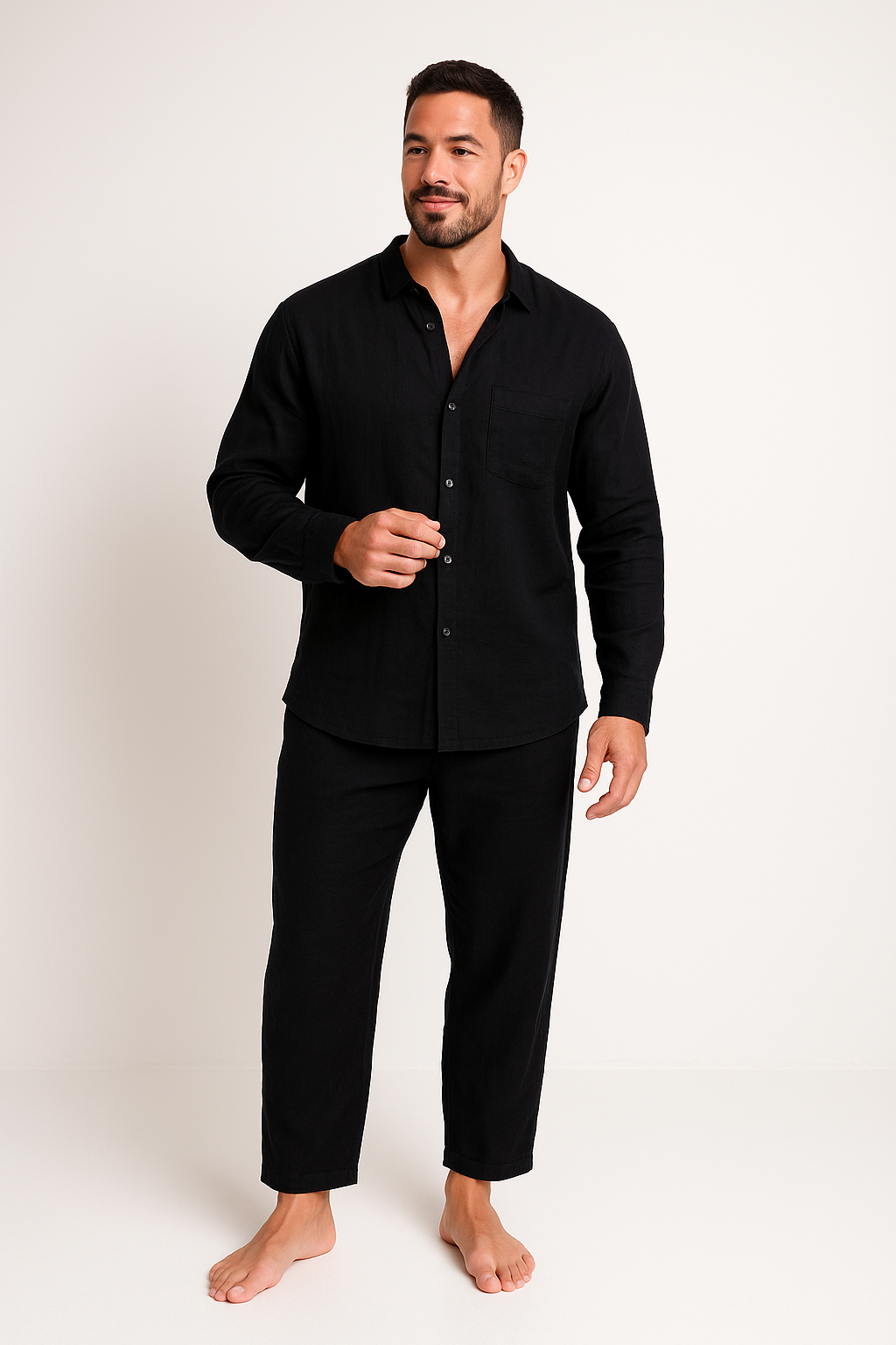 Men's Linen Set - Relaxed Fit - Long Sleeve Shirt - Straight Leg Pants
