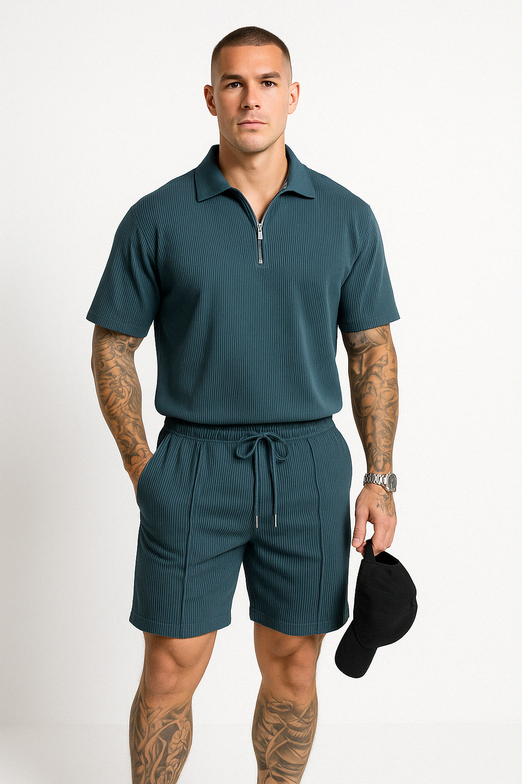 Men's Polo Shirt & Shorts Set - Relaxed Fit - Ribbed Knit - Drawstring Waist