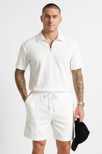Men's Polo Shirt & Shorts Set - Relaxed Fit - Ribbed Knit - Drawstring Waist