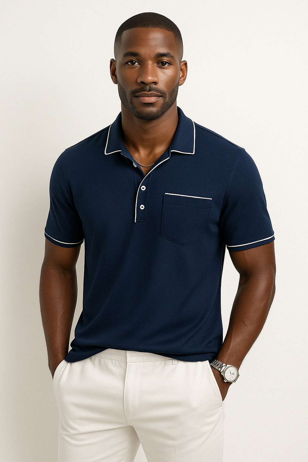 Men's Polo Shirt - Piqué Knit - Regular Fit - Chest Pocket - Piping Trim