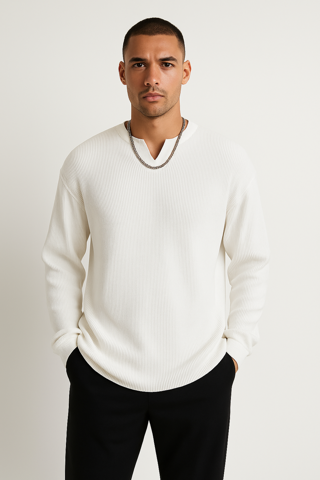 Men's Long Sleeve T-Shirt - Ribbed Knit - Relaxed Fit - V-Neck