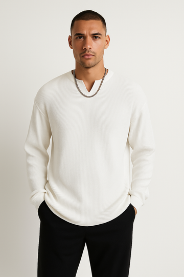 Men's Long Sleeve T-Shirt - Ribbed Knit - Relaxed Fit - V-Neck