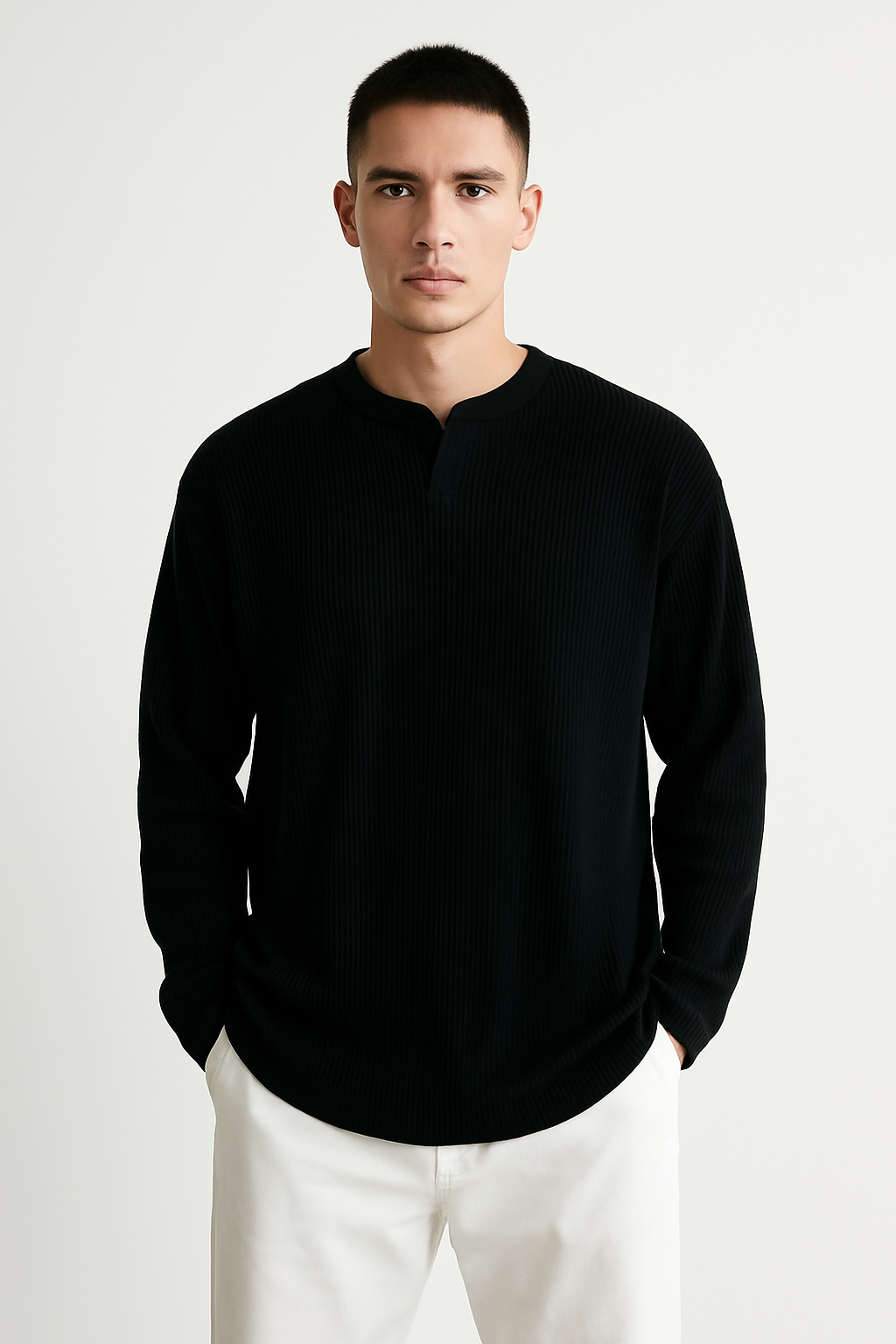 Men's Long Sleeve T-Shirt - Ribbed Knit - Relaxed Fit - V-Neck