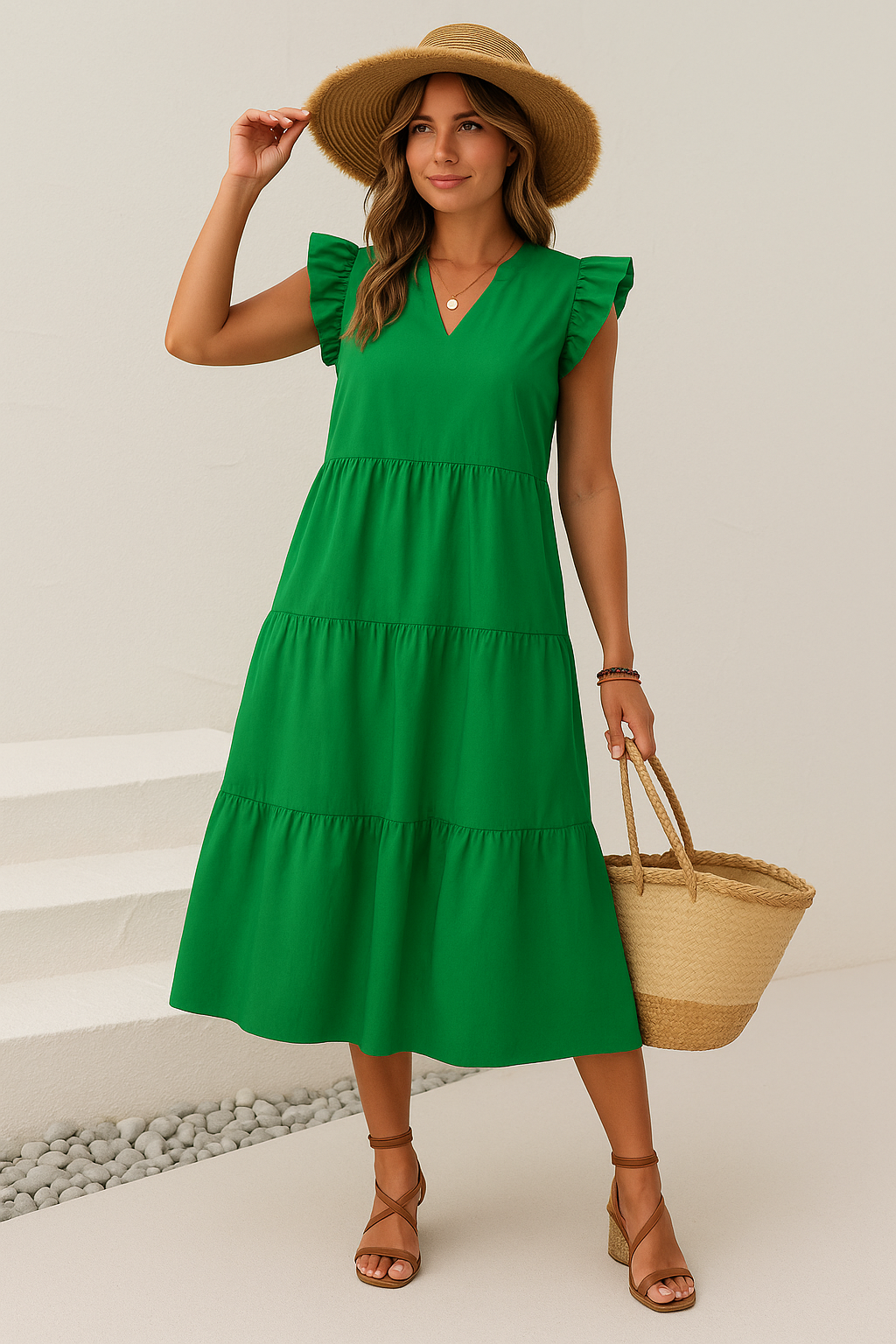 Women's Midi Dress - V-Neck - Ruffle Sleeve - Tiered - A-Line