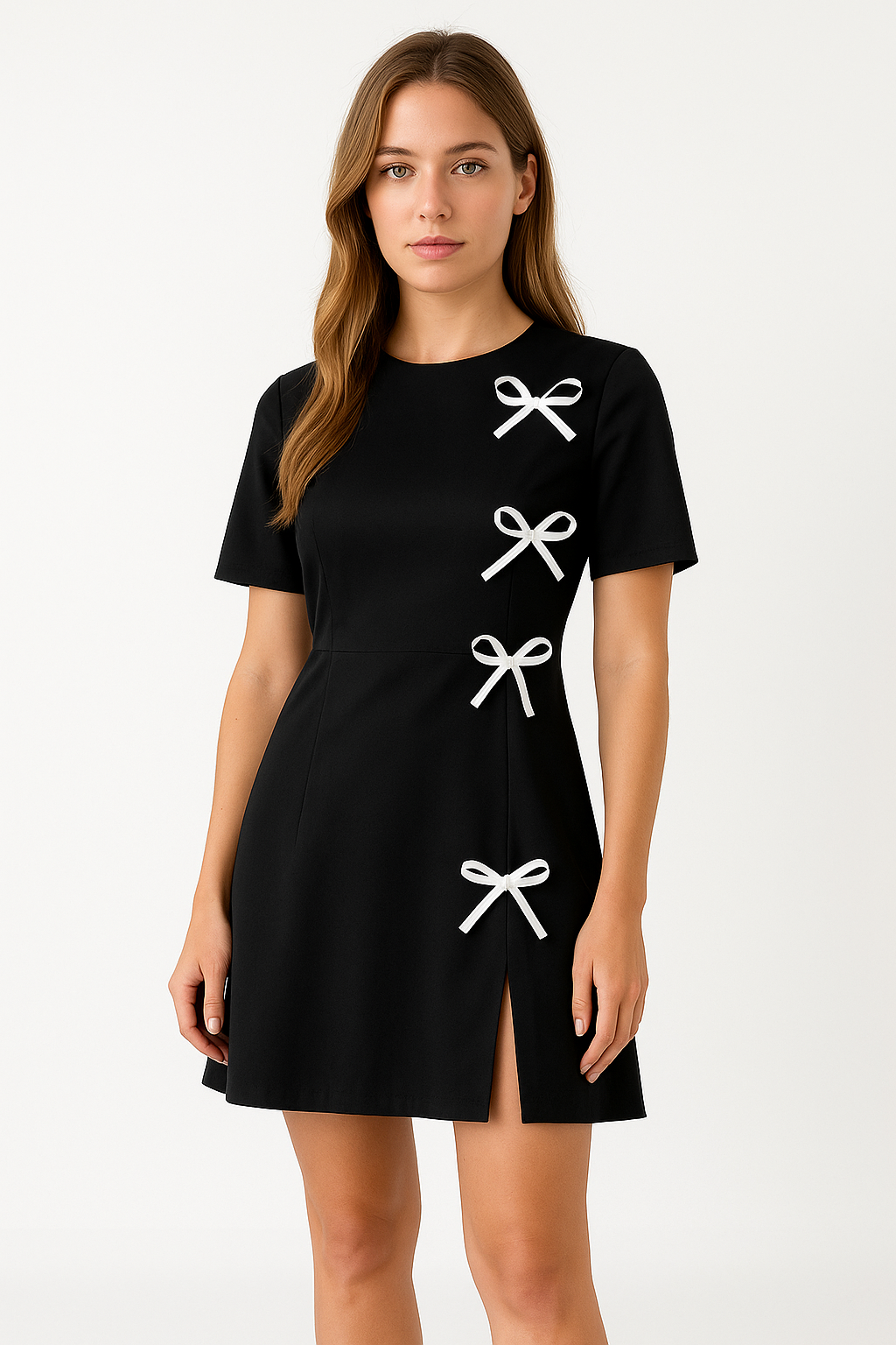 Women's A-Line Dress - Short Sleeve - Round Neck - Bow Detail - Mini