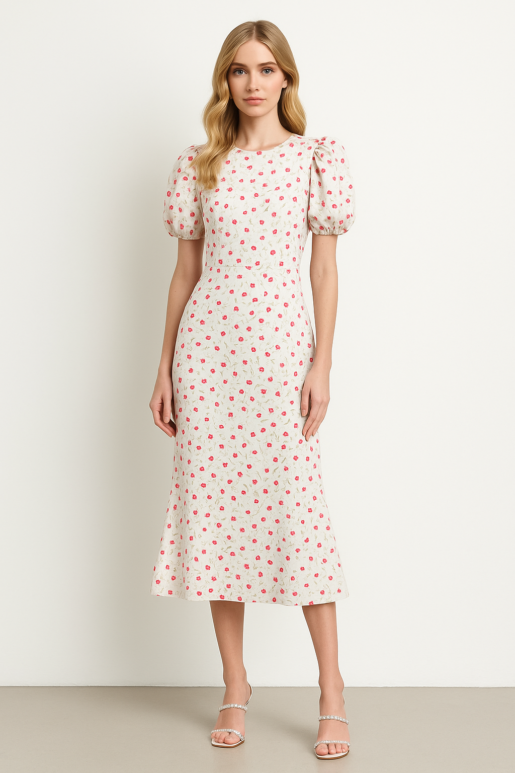 Women's Midi Dress - Floral Print - Puff Sleeve - Fitted Bodice - Mermaid
