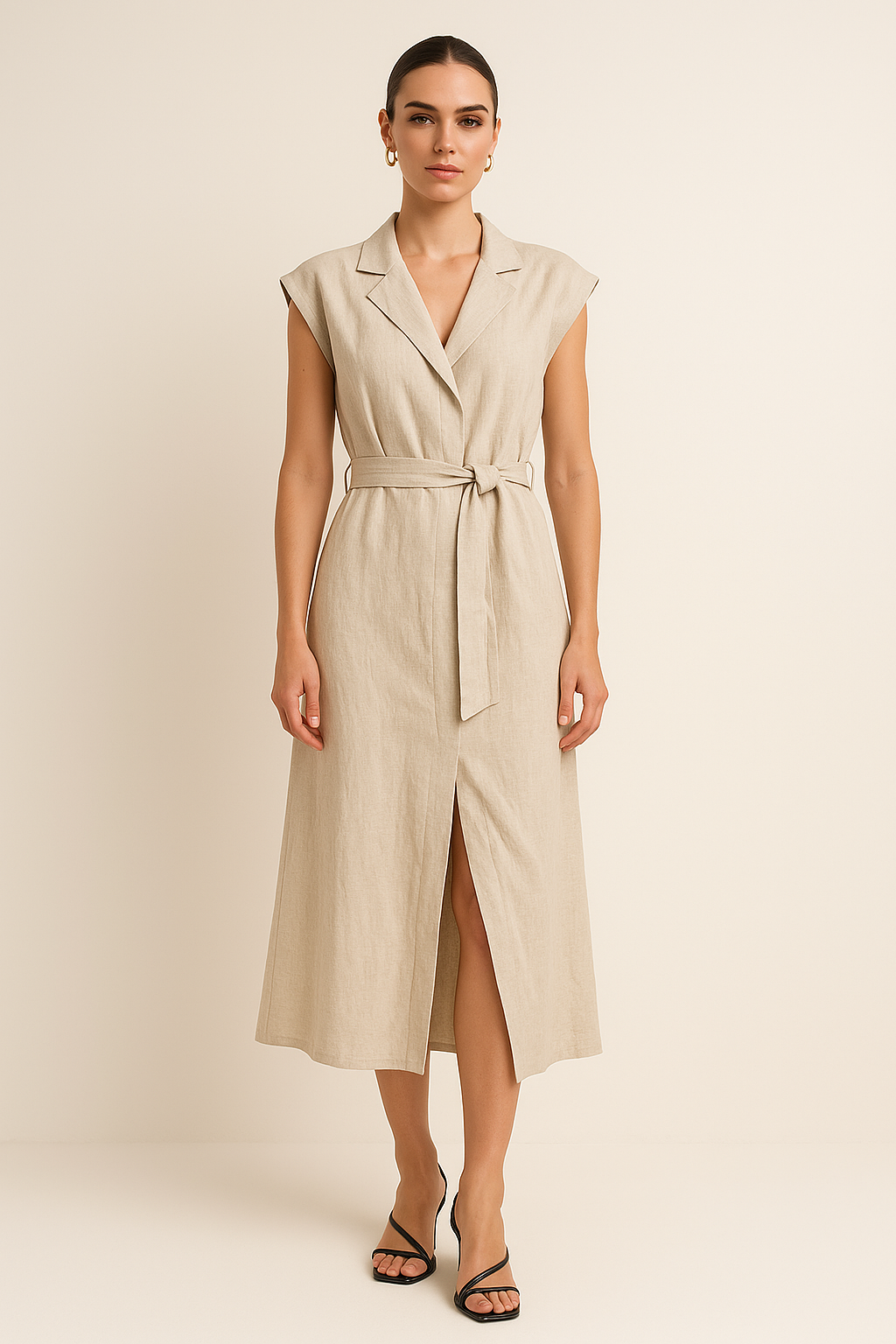 Women's Midi Dress - Linen Blend - A-Line - Tie Waist - Sleeveless