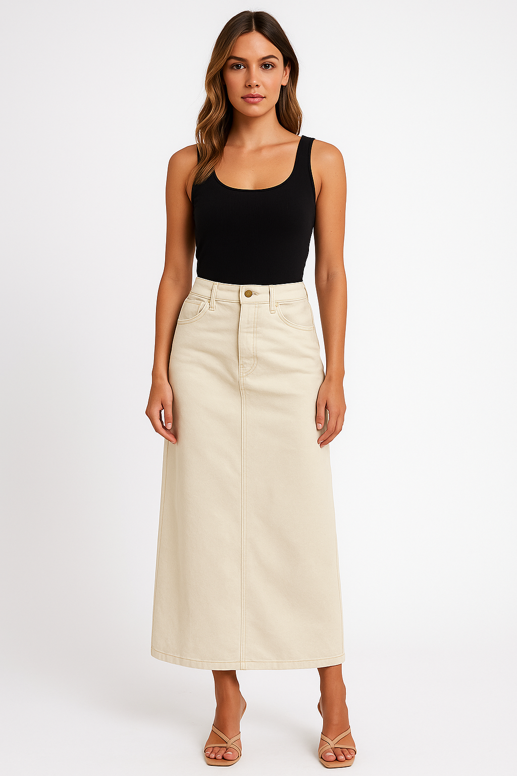 Women's Midi Skirt - Denim Cotton - Slim Fit - High Waist - Split Front