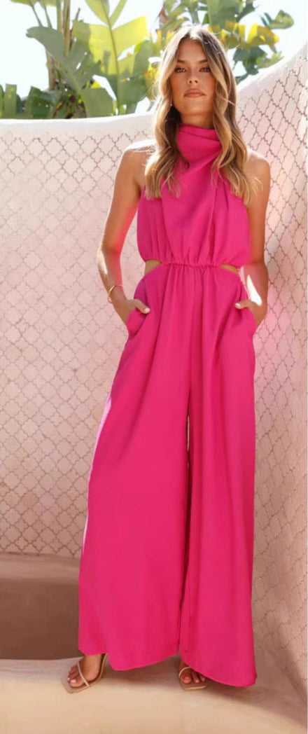 Women's Jumpsuit - Halter Neck - Wide Leg - Cutout Waist - Sleeveless