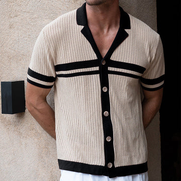 Men's Knit Polo Shirt - Regular Fit - Short Sleeve - Striped - Cotton Blend