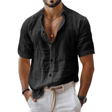 Men's Lapel Shirt - Linen Blend - Relaxed Fit - Short Sleeve - Pocket