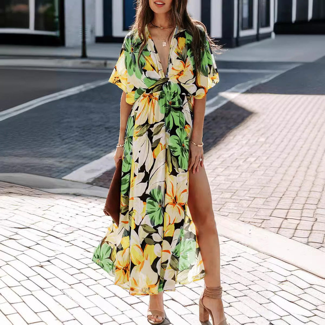 Women's Maxi Dress - Wrap V-Neck - Floral Print - High Waist - Slit