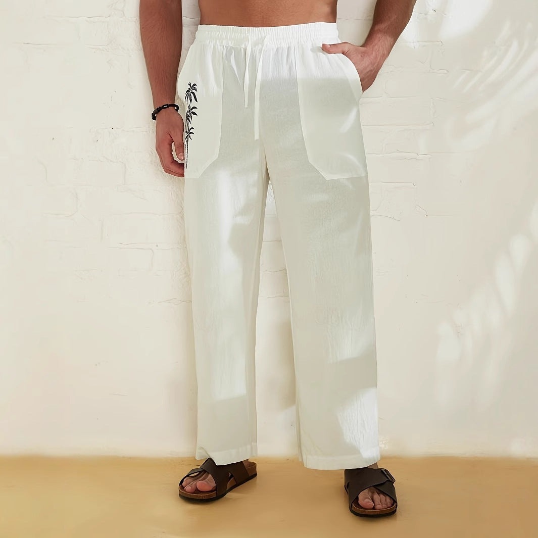 Men's Pants - Wide Leg - Relaxed Fit - Drawstring Waist - Palm Print