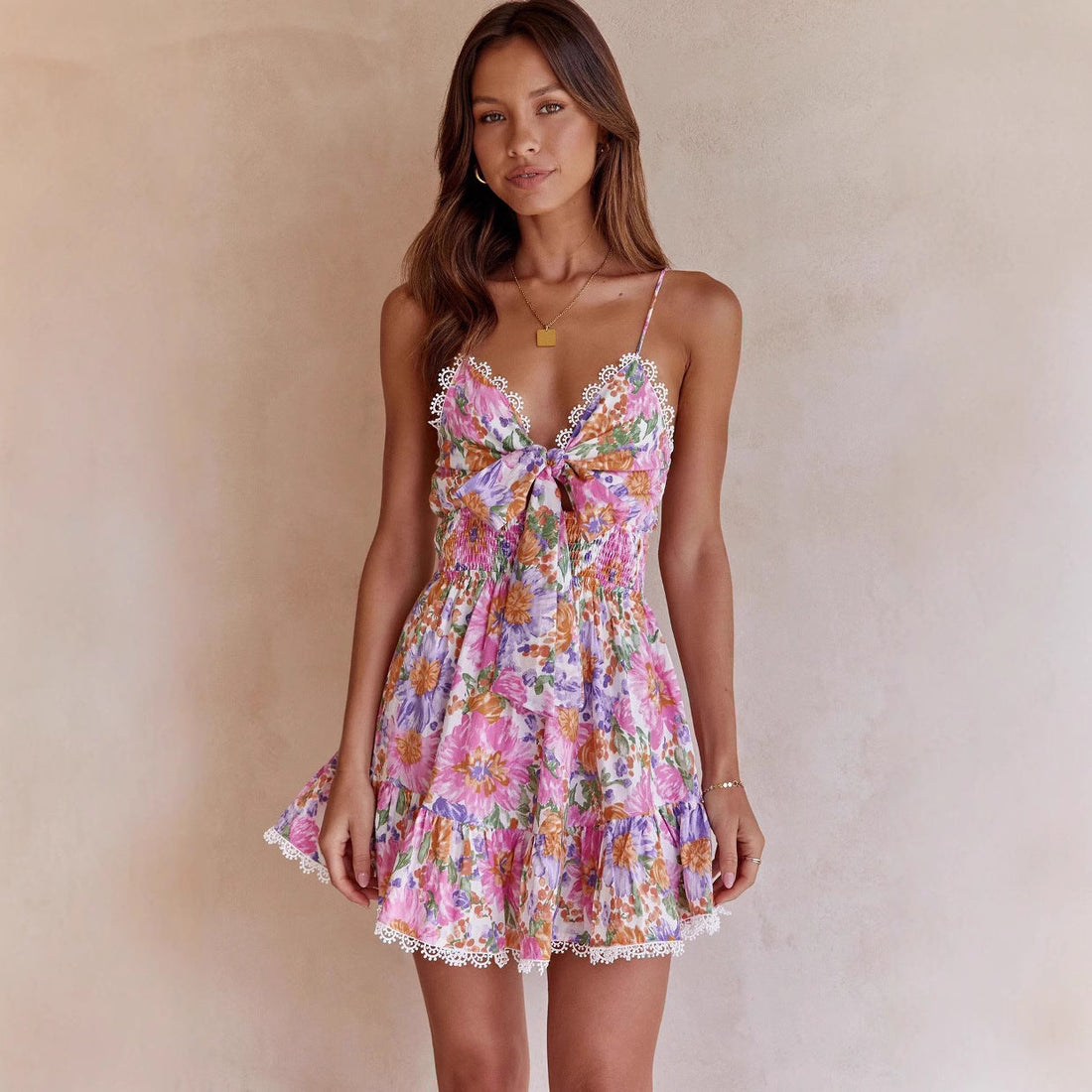 Women's Mini Dress - A-Line - Floral Print - Spaghetti Straps - Ruffle Hem