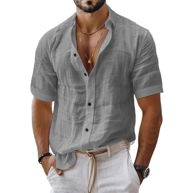 Men's Lapel Shirt - Linen Blend - Relaxed Fit - Short Sleeve - Pocket