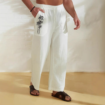 Men's Pants - Wide Leg - Relaxed Fit - Drawstring Waist - Palm Print