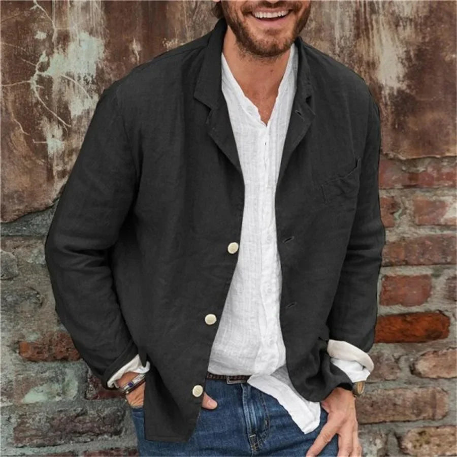 Men's Casual Jacket - Relaxed Fit - Linen Blend - Button Front - Lapel