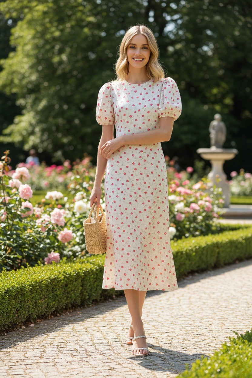 Women's Midi Dress - Floral Print - Puff Sleeve - Fitted Bodice - Mermaid