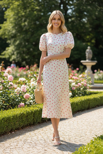 Women's Midi Dress - Floral Print - Puff Sleeve - Fitted Bodice - Mermaid