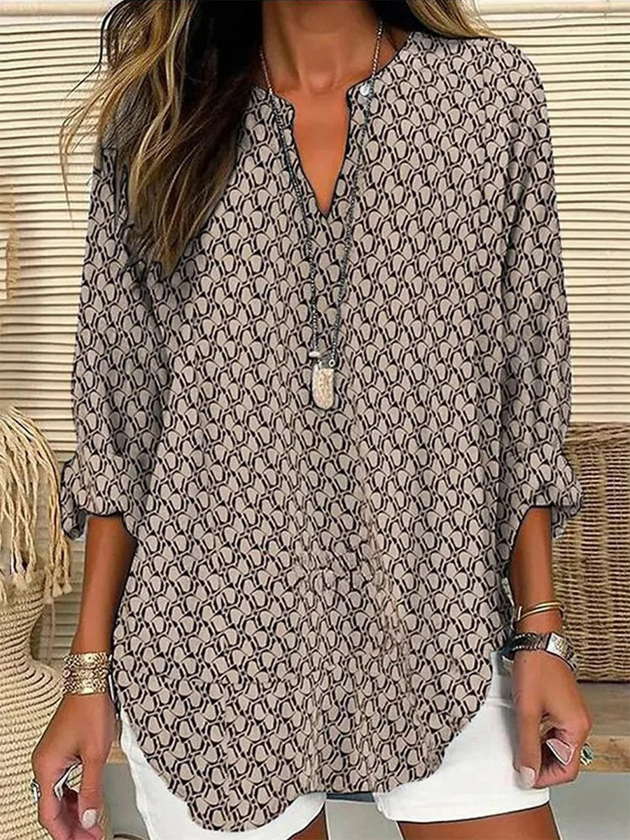 Women's Blouse - Loose Fit - V-Neck - Long Sleeve - Geometric Print