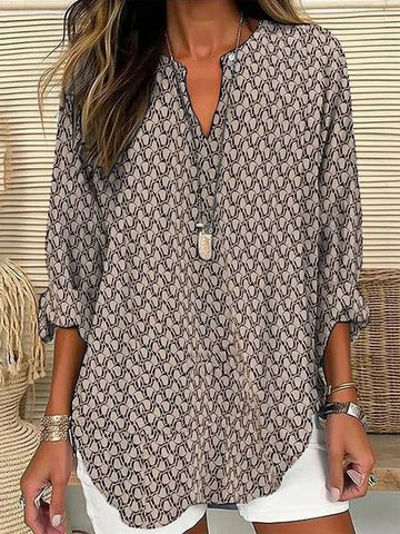 Women's Blouse - Loose Fit - V-Neck - Long Sleeve - Geometric Print